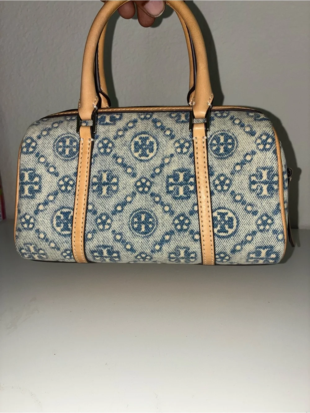 Tory Burch Blue Monogram Denim Mini Satchel with Tan Handles